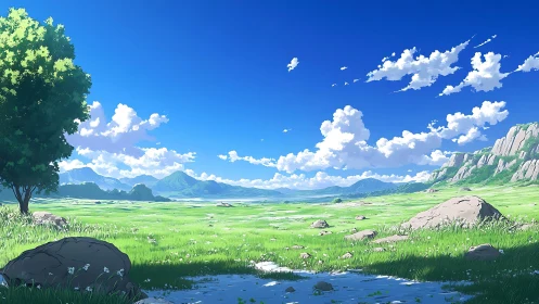 Sunlit green meadow stretching under a wide summer sky.