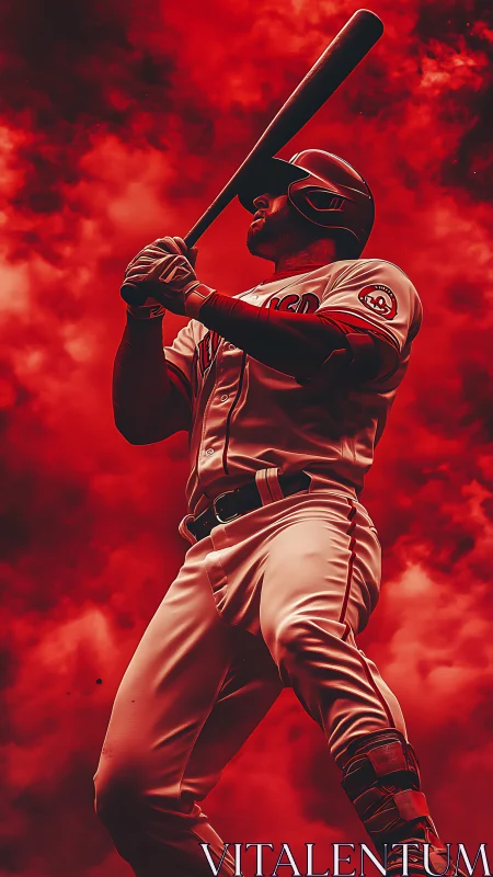 Baseball batter poised to swing amid dramatic red clouds