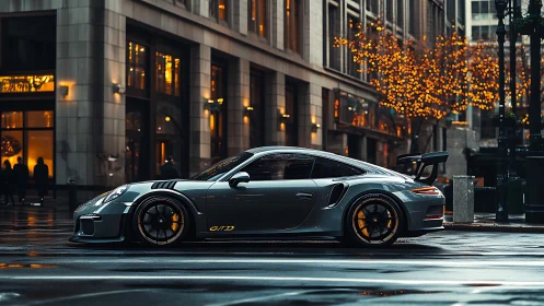 Silver sports car stands parked on wet city street at dusk