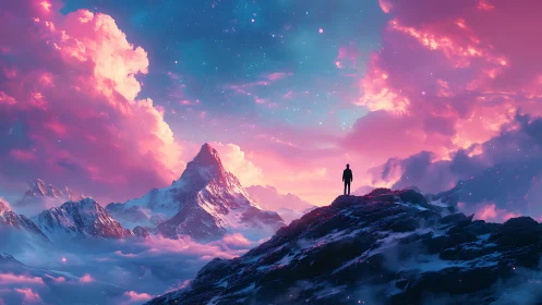 Silhouetted figure surveys neon-lit alpine range at dusk