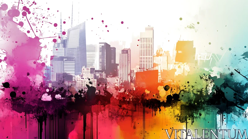 Urban skyline with multicolor abstract paint splashes.