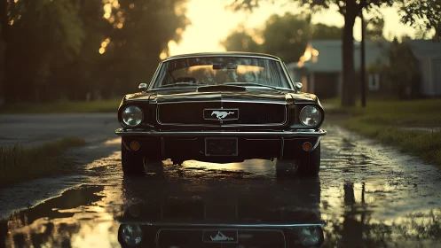 Front-facing classic Mustang in reflective golden-hour puddle.