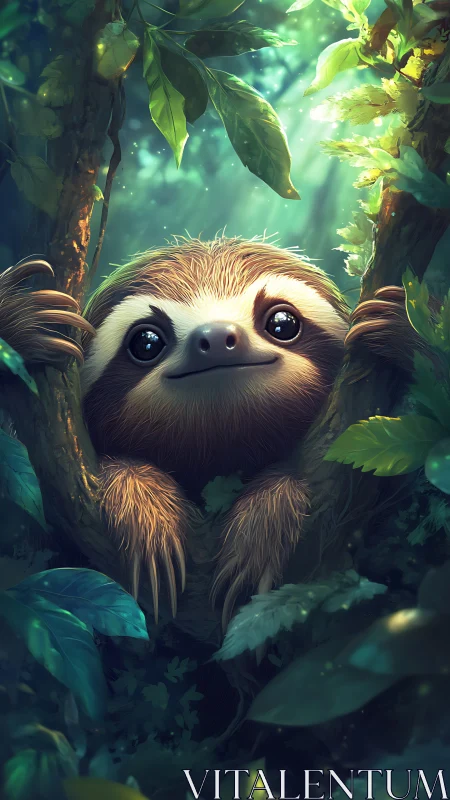 Cute baby sloth peeking from lush green jungle branches.