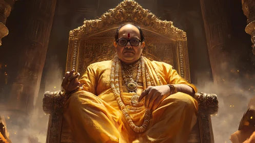 Regal guru seated on ornate golden throne in dim hall.