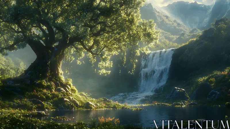 Cascading Waterfall Through Luminous Canopy: Fantasy Landscape Rendering