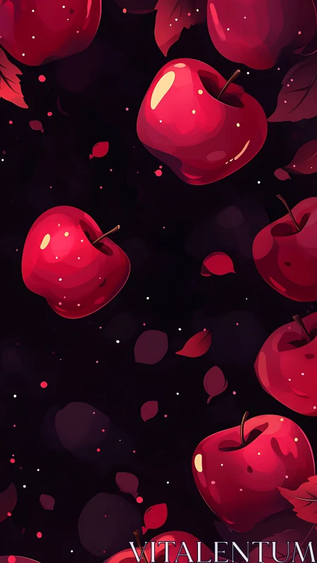 Red apples and leaves float against a dark uniform background