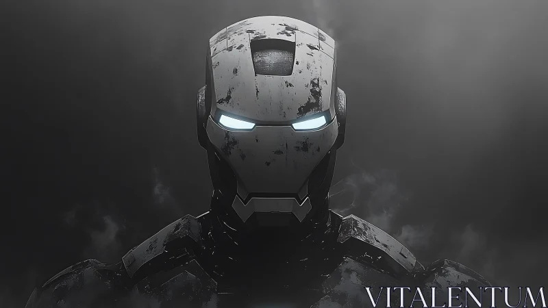 Battle-worn armored helmet stares through glowing blue eyes.