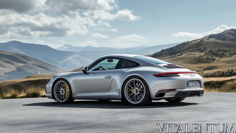 Silver coupe parked on mountain road under cloudy sky.