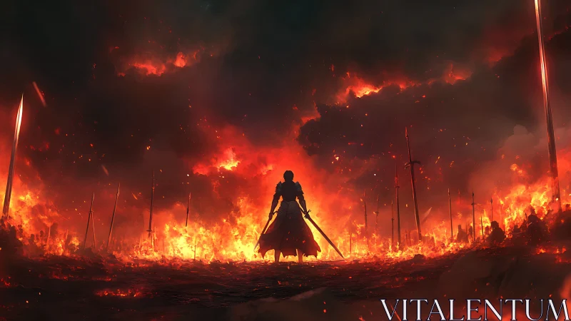 Solitary armored swordsman amid burning battlefield scene.