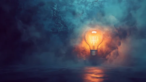 Glowing lightbulb floats in moody blue mist-filled space.