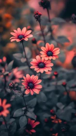Coral Daisies Glowing in Soft Garden Light.
