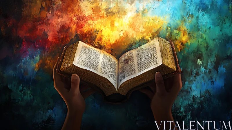 Hands presenting illuminated antique book against abstract light