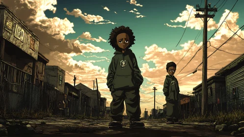 Two solemn boys stand in a desolate urban street at dusk
