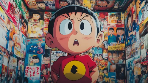 Wide-eyed manga kid stares down a whirlwind of his own posters