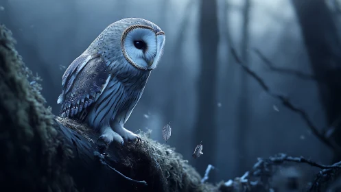 Enigmatic barn owl perched in moonlit forest, photorealistic style.