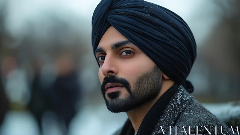 Man in black turban looks toward camera outdoors in winter