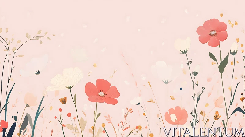 Illustrated wildflower meadow composition with coral peonies and muted pastels
