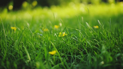 Sunlit grass and yellow wildflowers create a fresh spring mood