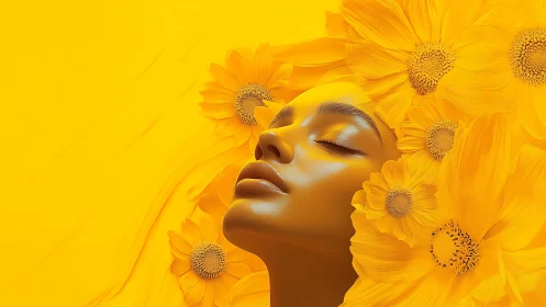 Golden female portrait immersed in sunflower bloom field.