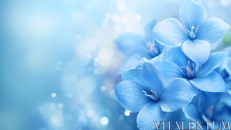 Delicate Blue Petals with Dew Drops Against Soft Focus Background.