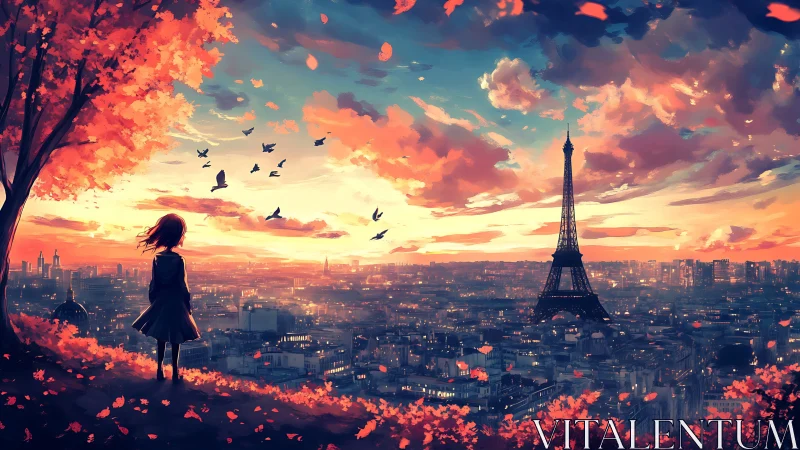 Autumn skyline over Paris with girl and glowing sunset.
