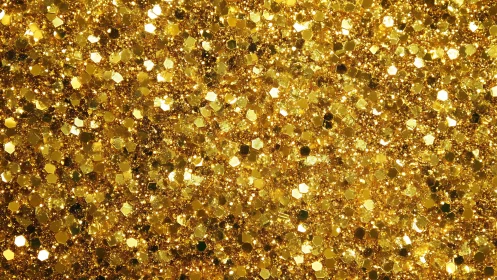 Macro photograph of dense golden hexagonal glitter surface