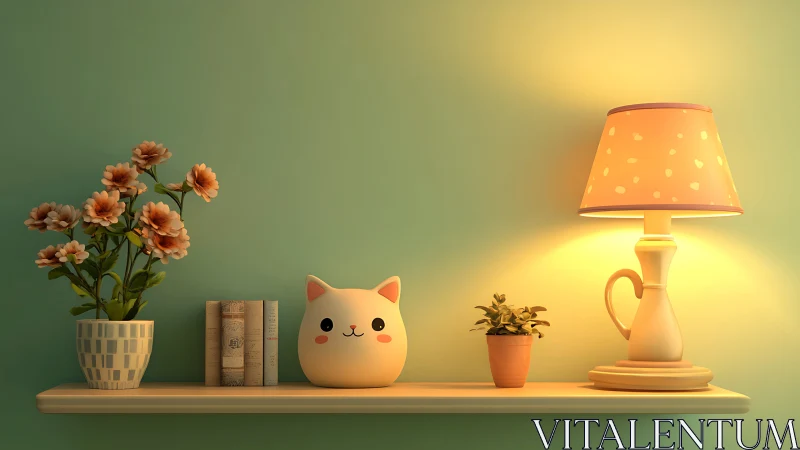Cat decor, flowers, books and lamp on wall shelf.