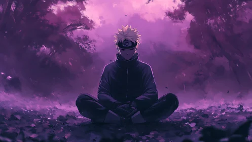 Solitary seated figure in forest clearing under violet light