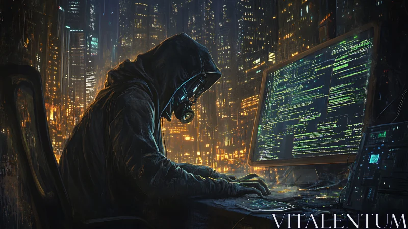 Hooded cyberpunk hacker coding beneath neon city lights.