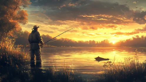 Solitary fisherman enjoys a golden lake at tranquil sunset