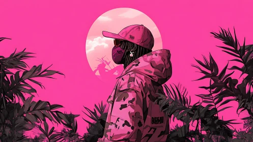 Pink tropical streetwear figure under bold circular sun.