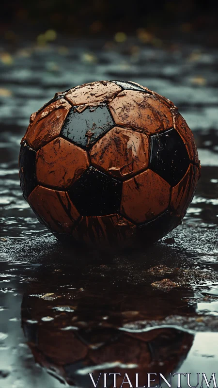 Weathered muddy football resting in reflective rain puddle.