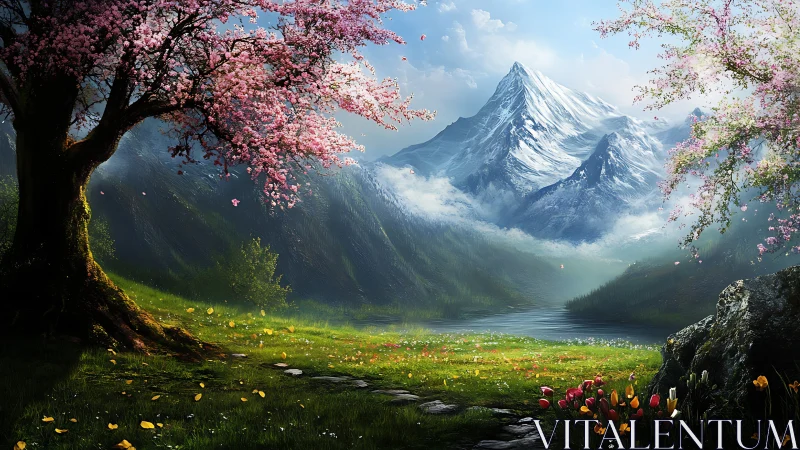 Glacial summit framed by luminous spring valley floralscape.