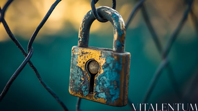 Weathered brass padlock on metal chain-link fence surface.