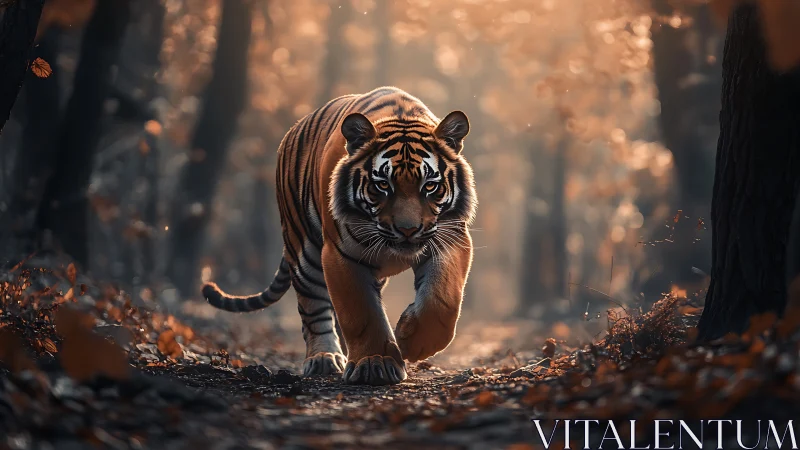 Majestic tiger stalks through misty forest in warm dusk light