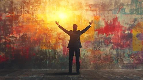 Joyful silhouette greeting a radiant wall of color and light.