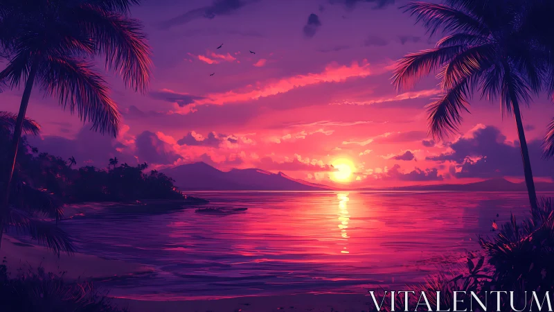 Neon tropic sunset over calm ocean with silhouetted palms.