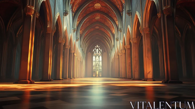 Parametric Gothic nave with volumetric sunrise illumination.