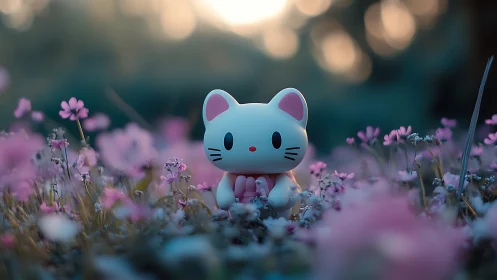 Cute cat figurine rests in dreamy pink wildflower meadow