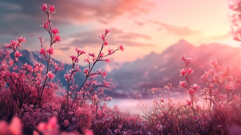 Sunlit pink wildflowers before misty mountain horizon.