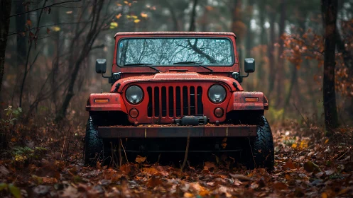 Red off-road utility vehicle in misty autumn forest track