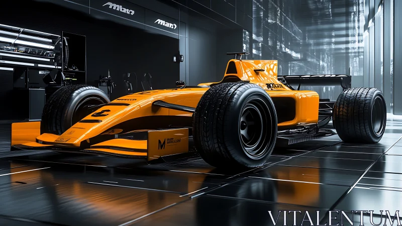 Sleek orange Formula car waits ready in a glossy tech garage