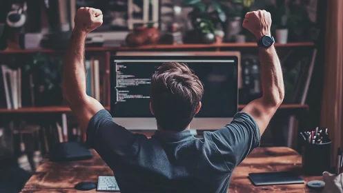 Joyful programmer celebrates a big coding breakthrough at desk
