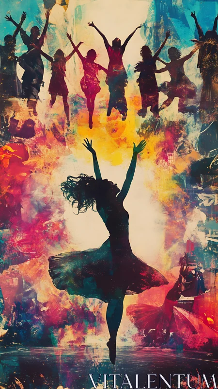 Silhouetted dancers erupt through abstract chromatic clouds