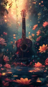 Guitar stands in glowing forest pond amid floating petals