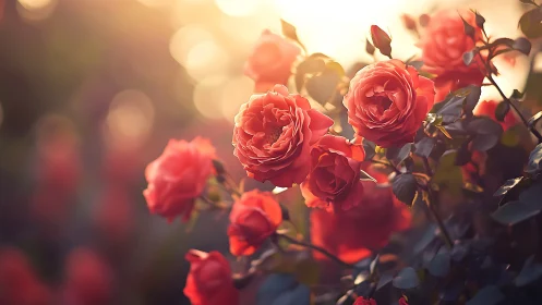Red roses photographed during golden hour with shallow depth field