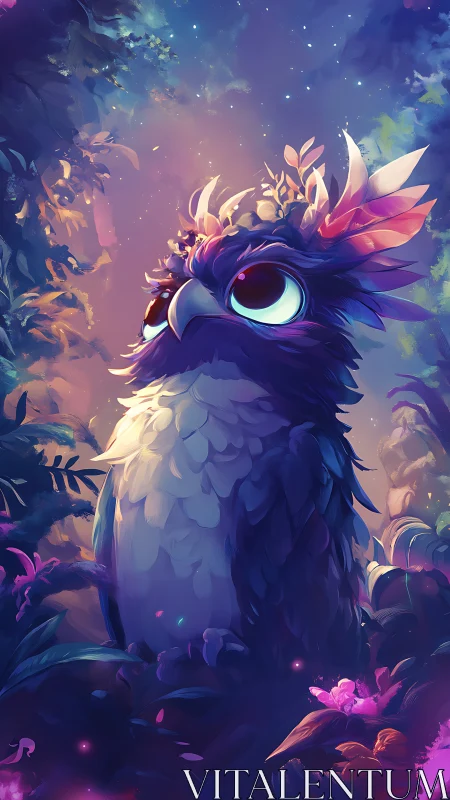 Luminescent owl gazes upward inside glowing twilight forest