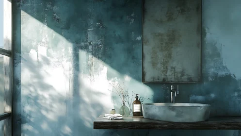 Sunlit rustic bathroom sink in textured teal interior.