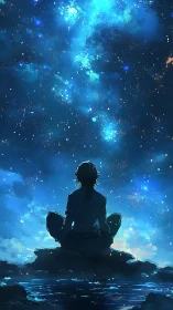 Solitary figure observing luminous night sky over water.