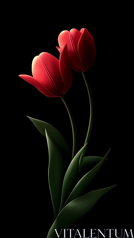 Two red tulips with green stems against black background
